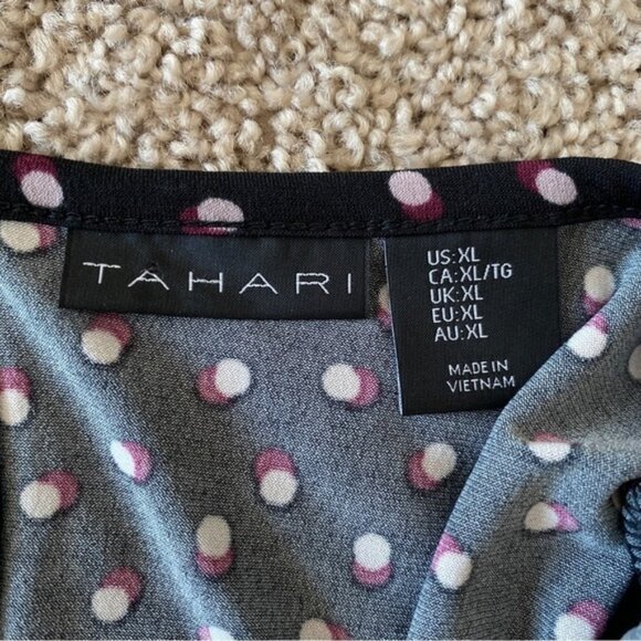 Tahari Blouse Womens XL Black w Pink Purple Polka Dot Long Sleeve Stretch - Picture 2 of 5